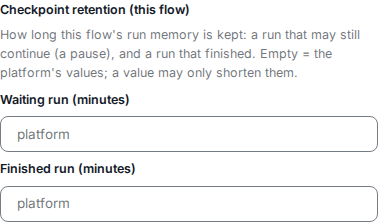 The Checkpoint retention (this flow) group on the Start form: its description, and the Waiting run and Finished run minute inputs, both empty with the placeholder platform.