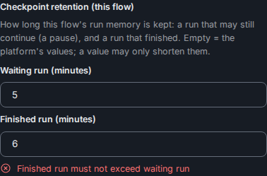 The same group with Waiting run 5 and Finished run 6, and the error Finished run must not exceed waiting run under it.