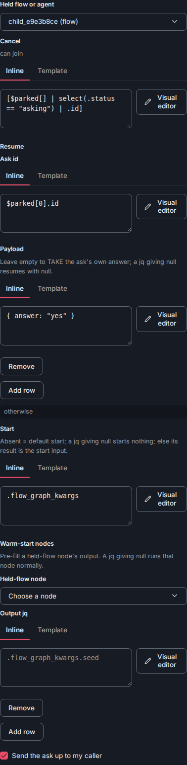 The holder node's edit panel: the Cancel, Resume and Start expressions and the send-up switch.