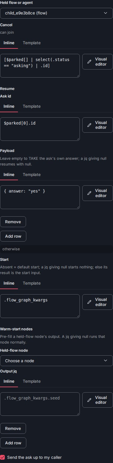 The holder node's edit panel: the Cancel, Resume and Start expressions and the send-up switch.
