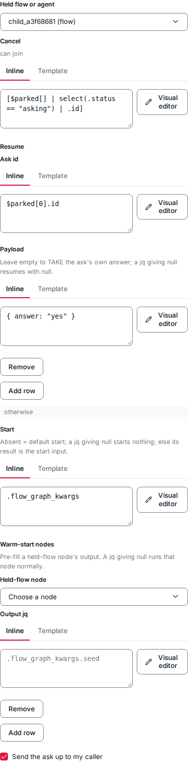 The holder node's edit panel: the Cancel, Resume and Start expressions and the send-up switch.
