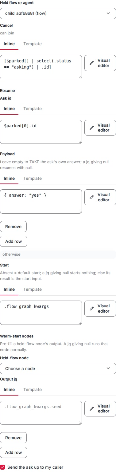 The holder node's edit panel: the Cancel, Resume and Start expressions and the send-up switch.