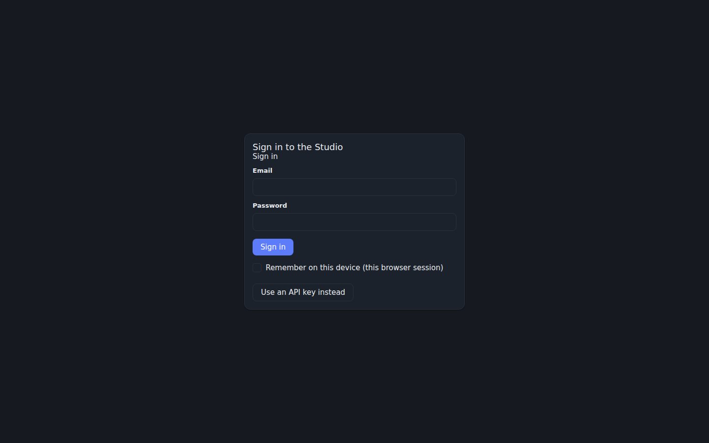 The Studio sign-in screen rendering a login method with the API-key fallback.