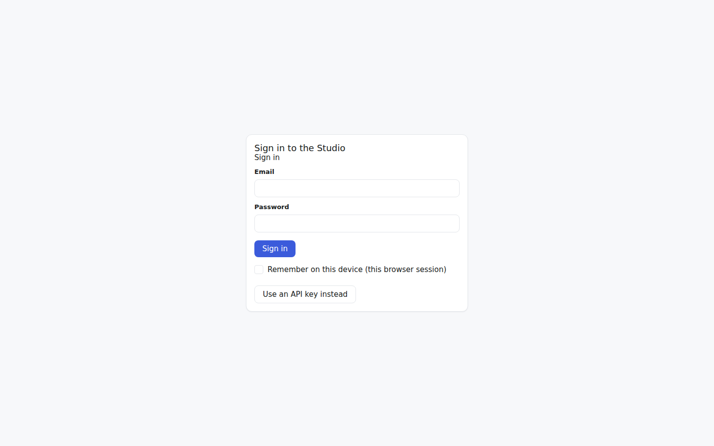 The Studio sign-in screen rendering a login method with the API-key fallback.