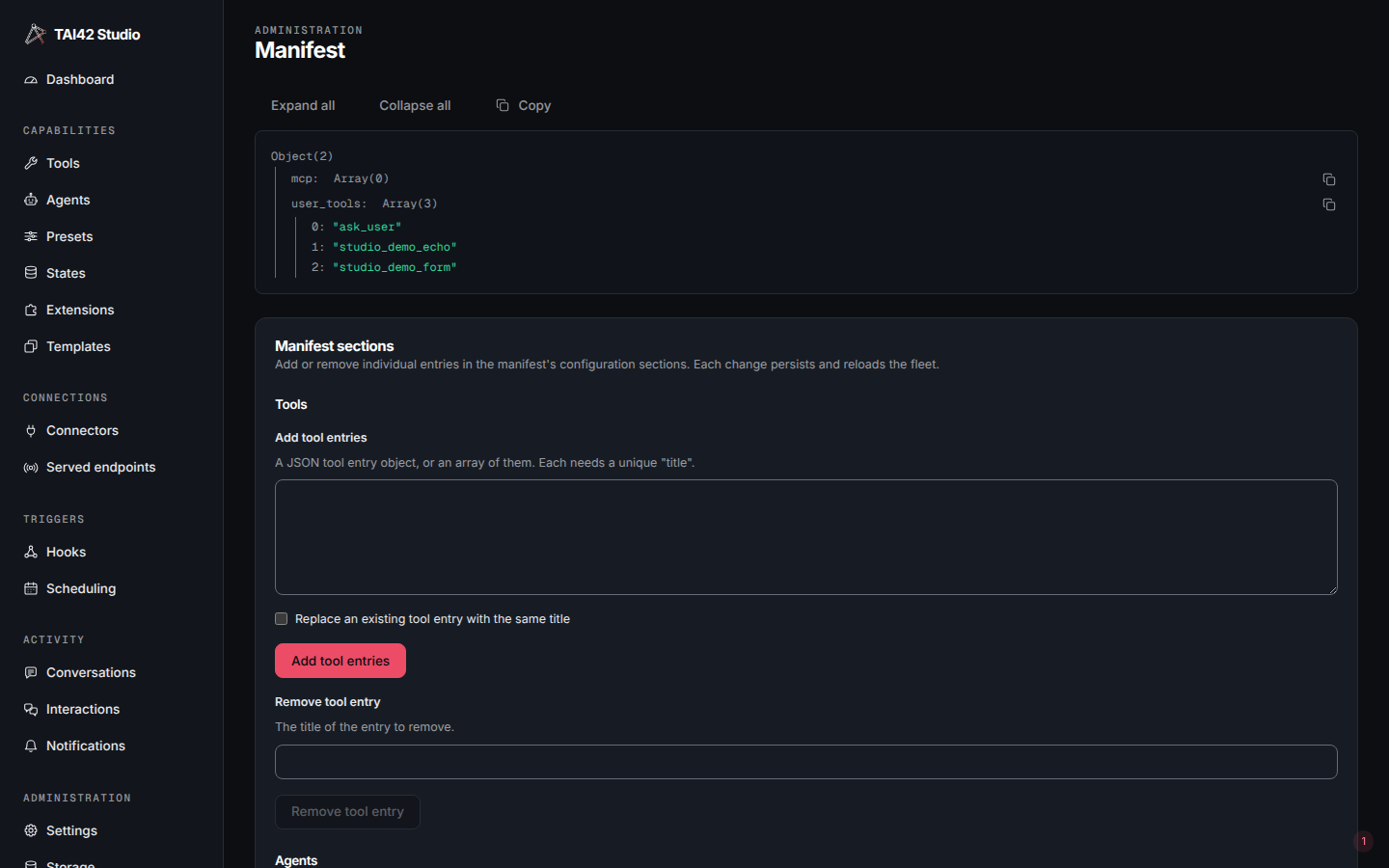 The Manifest screen showing the live manifest config artifact as an expandable JSON tree.