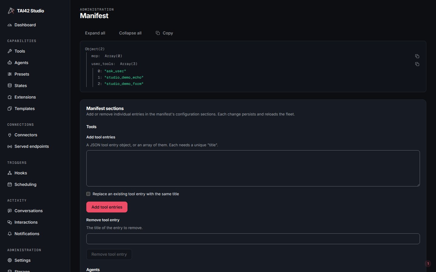The Manifest screen showing the live manifest config artifact as an expandable JSON tree.