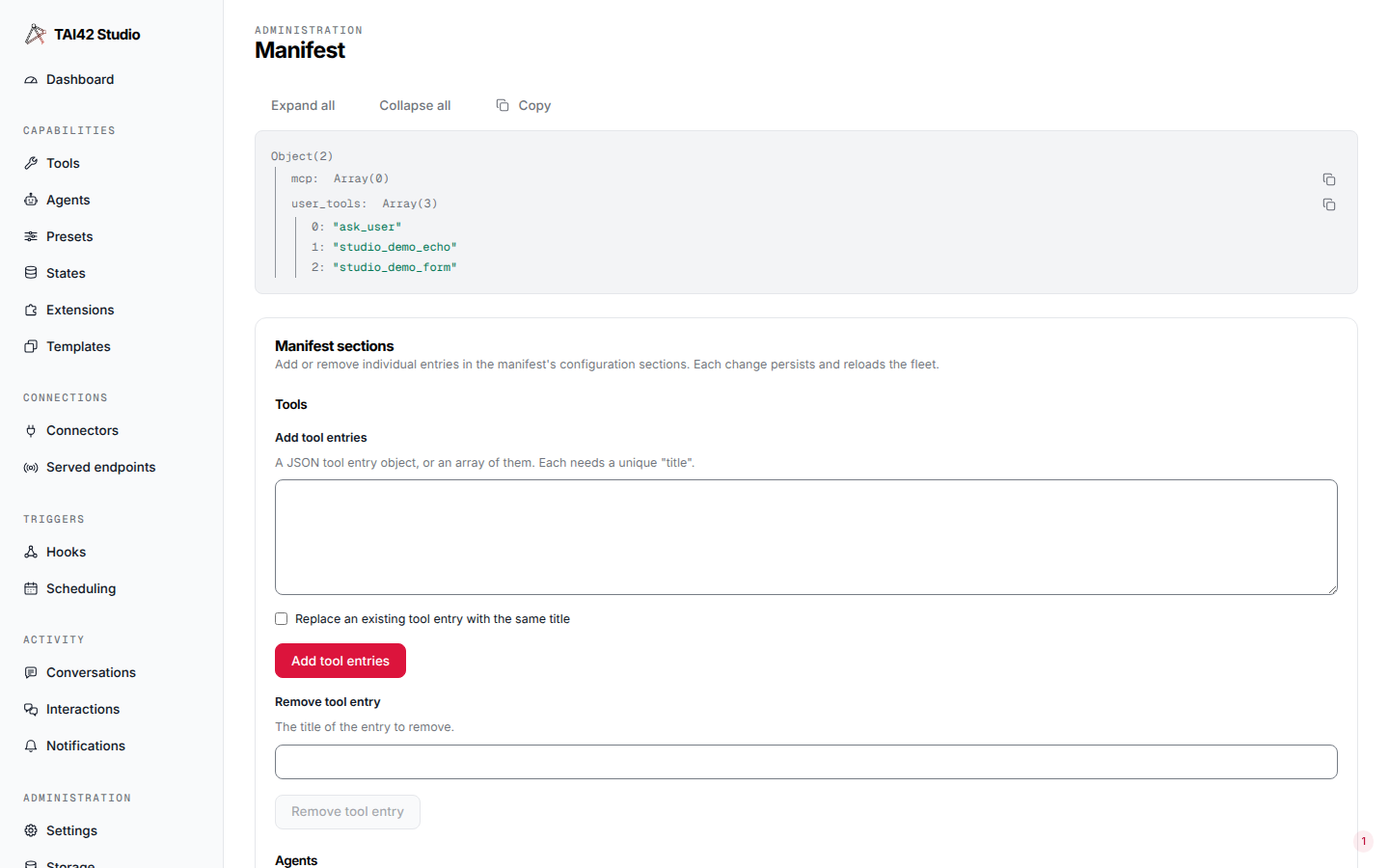 The Manifest screen showing the live manifest config artifact as an expandable JSON tree.