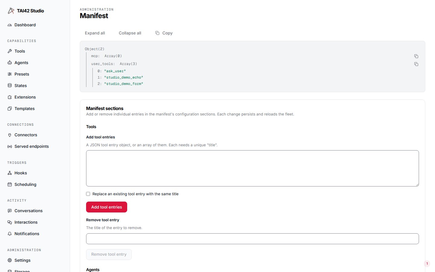 The Manifest screen showing the live manifest config artifact as an expandable JSON tree.