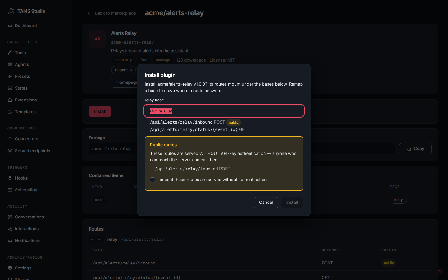 The marketplace install dialog showing the resolved routes for a route-carrying plugin, a base-prefix input to remap them, and a checkbox accepting the public routes served without authentication.