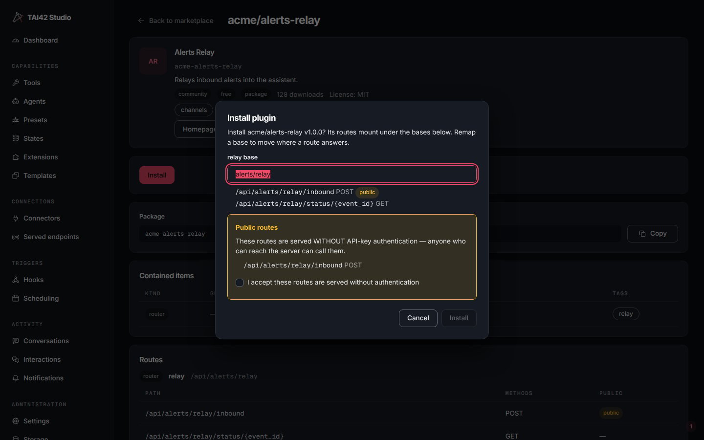 The marketplace install dialog showing the resolved routes for a route-carrying plugin, a base-prefix input to remap them, and a checkbox accepting the public routes served without authentication.