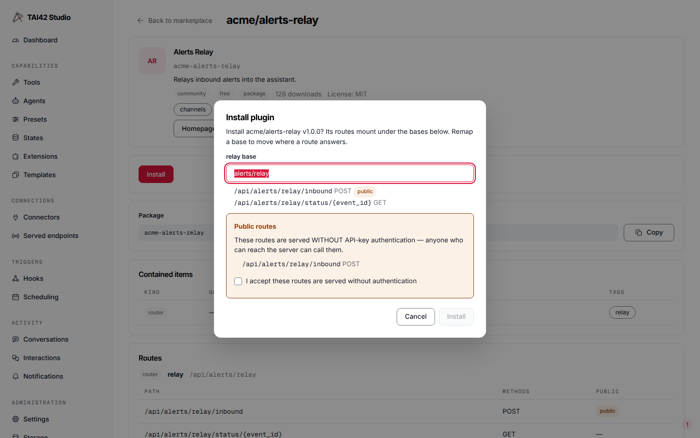The marketplace install dialog showing the resolved routes for a route-carrying plugin, a base-prefix input to remap them, and a checkbox accepting the public routes served without authentication.