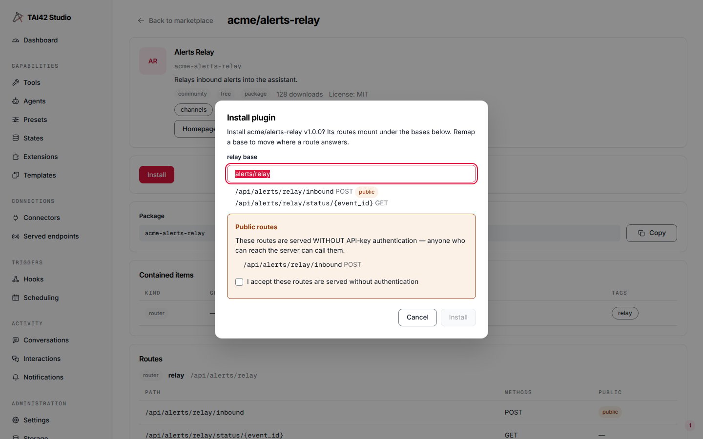 The marketplace install dialog showing the resolved routes for a route-carrying plugin, a base-prefix input to remap them, and a checkbox accepting the public routes served without authentication.