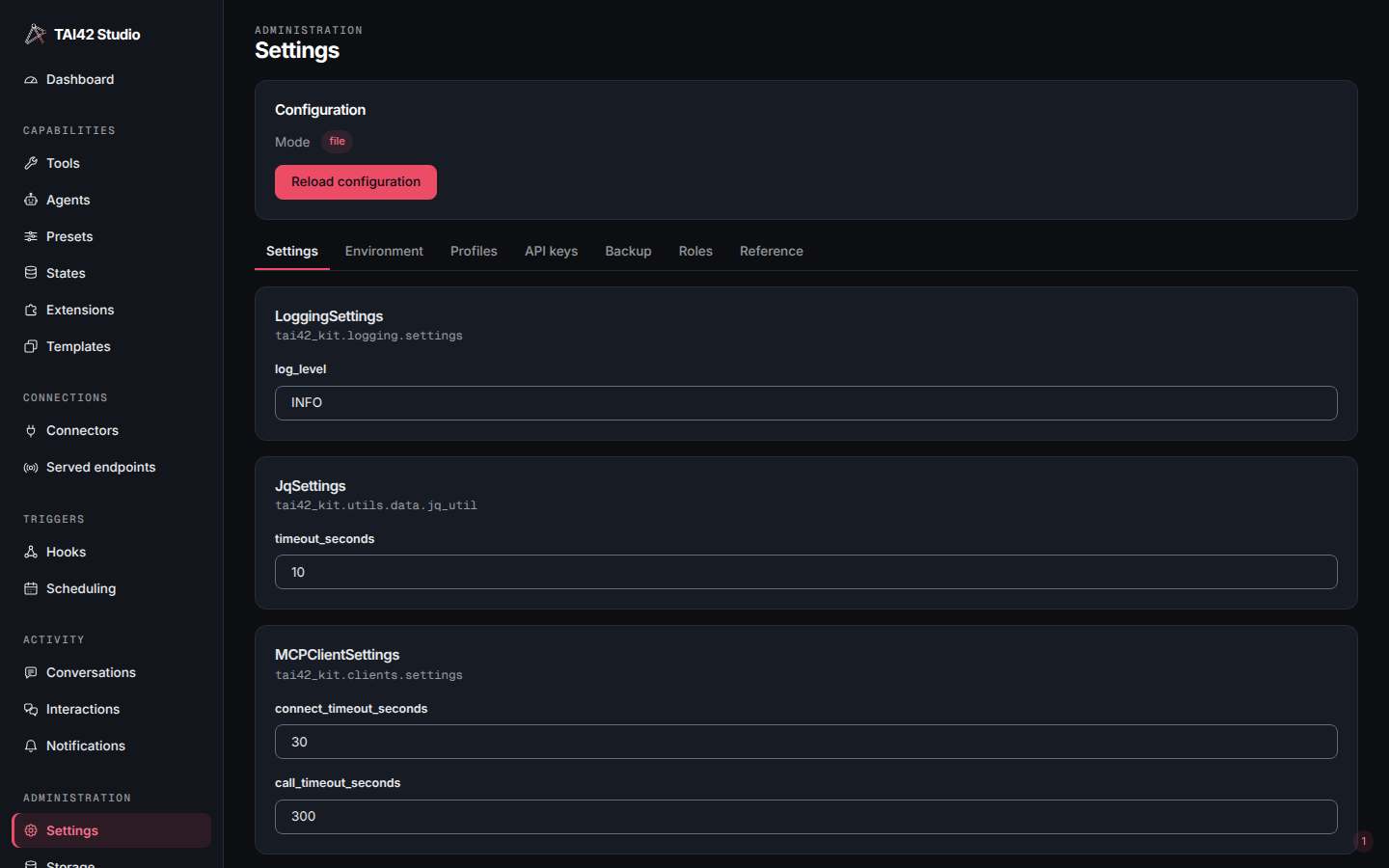 The Settings screen showing the server's configuration schema.