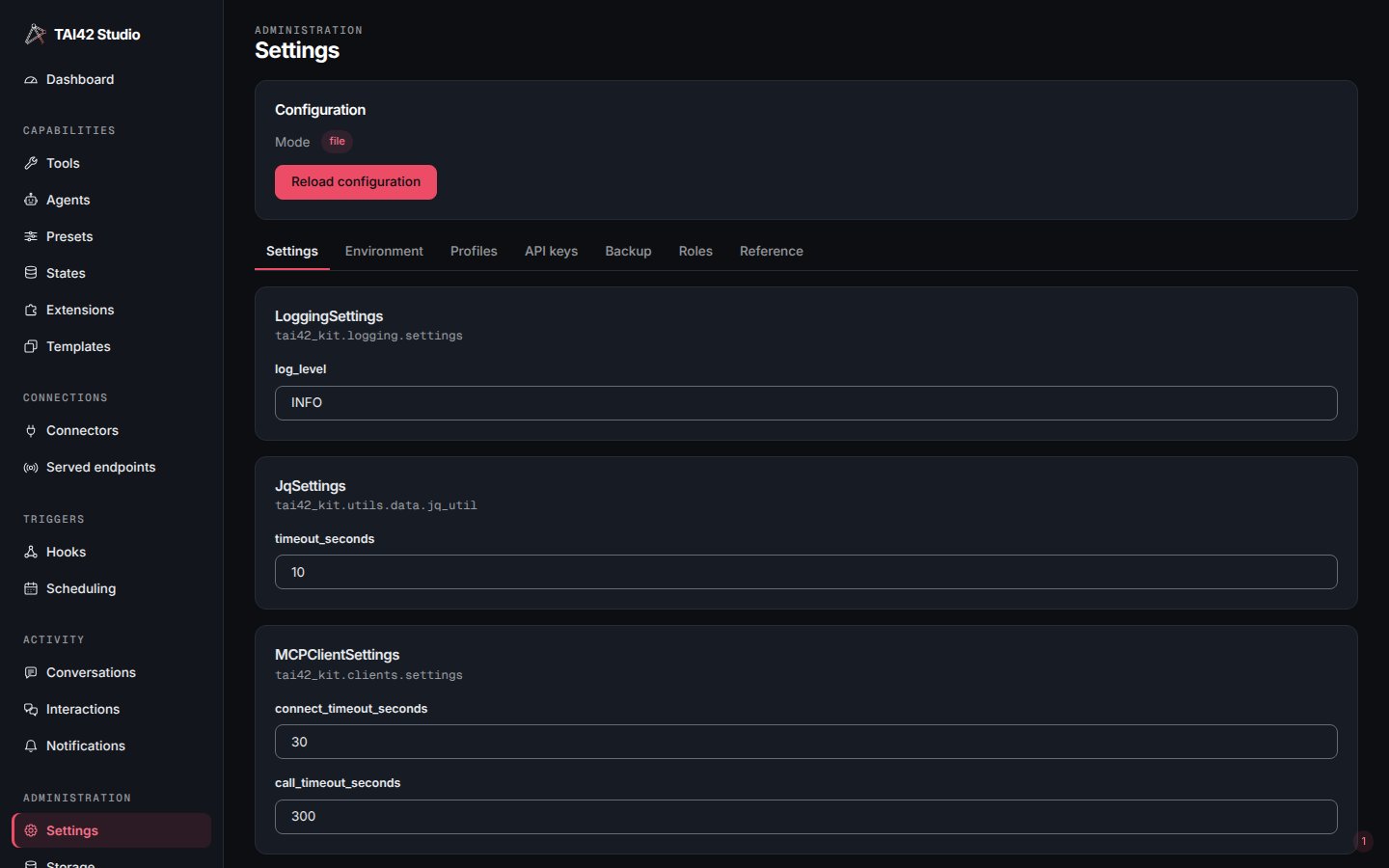 The Settings screen showing the server's configuration schema.