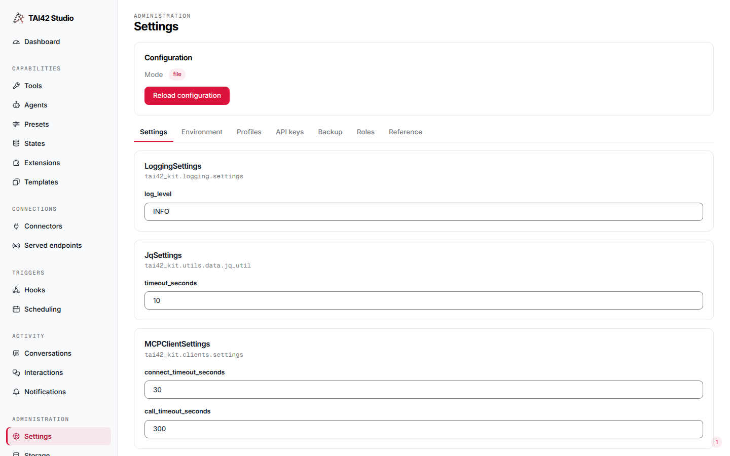 The Settings screen showing the server's configuration schema.