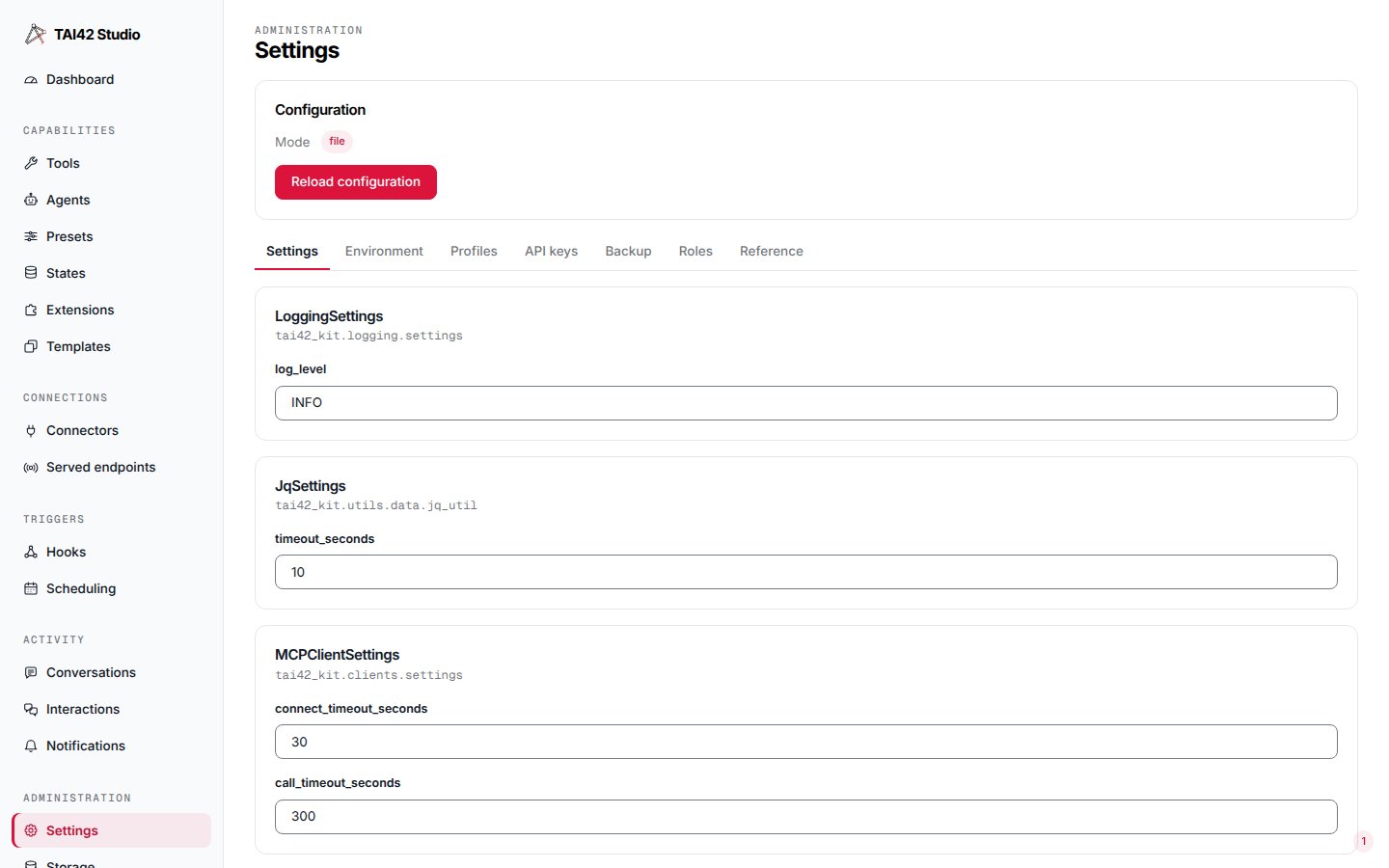 The Settings screen showing the server's configuration schema.