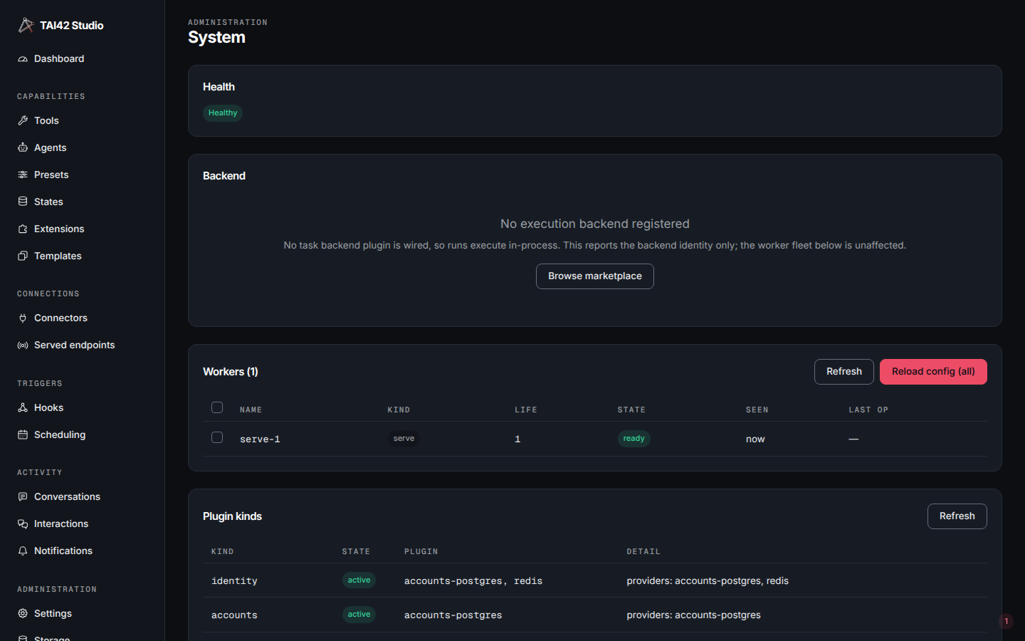 The System screen showing a 'Healthy' badge from the server's liveness probe.