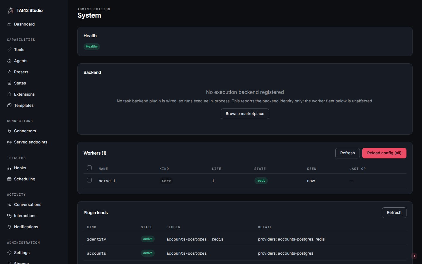 The System screen showing a 'Healthy' badge from the server's liveness probe.