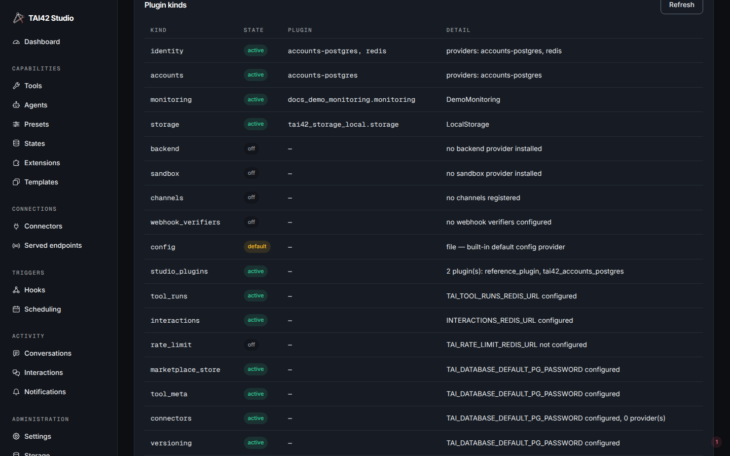 The System kinds table listing plugin kinds with active, default, or off status.