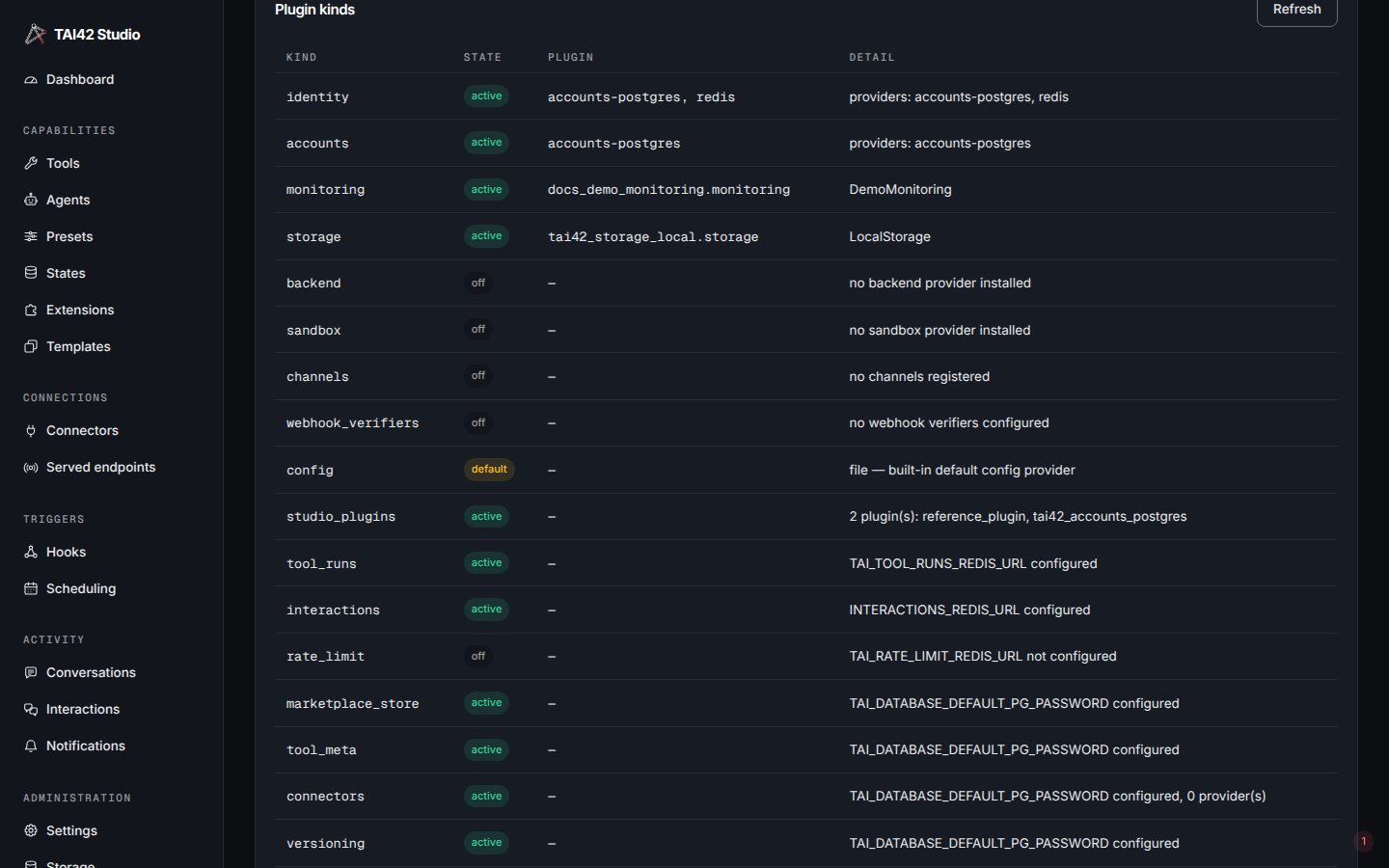 The System kinds table listing plugin kinds with active, default, or off status.