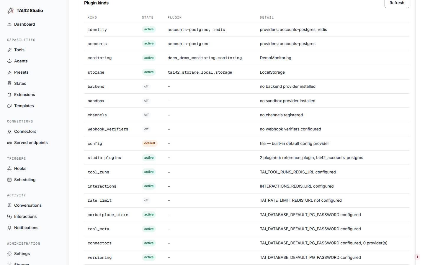 The System kinds table listing plugin kinds with active, default, or off status.