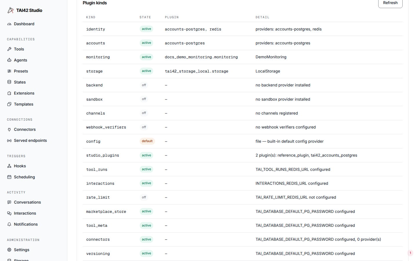 The System kinds table listing plugin kinds with active, default, or off status.