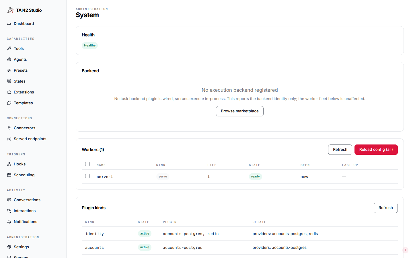 The System screen showing a 'Healthy' badge from the server's liveness probe.