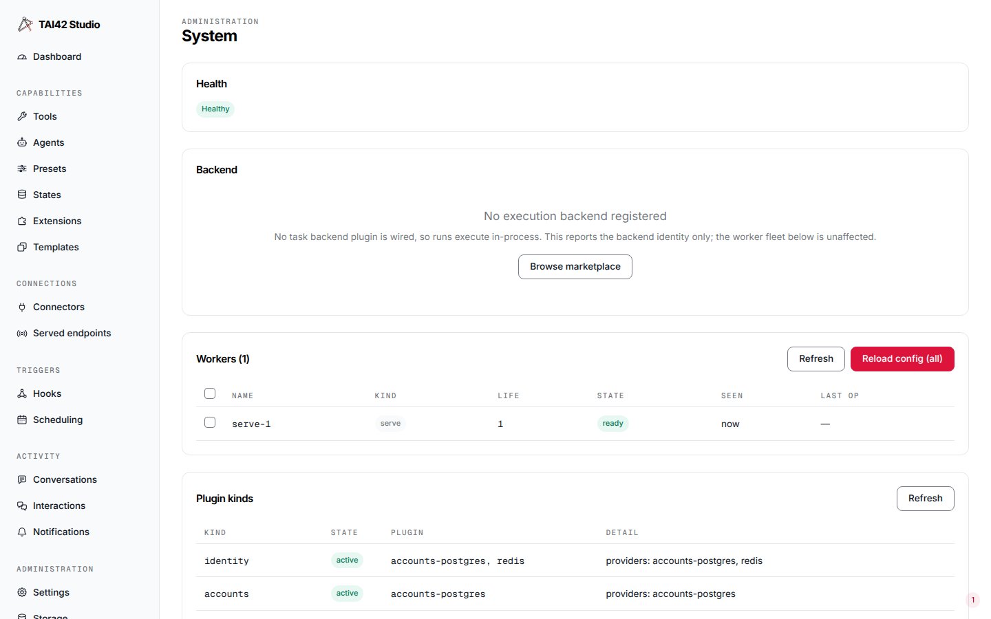 The System screen showing a 'Healthy' badge from the server's liveness probe.