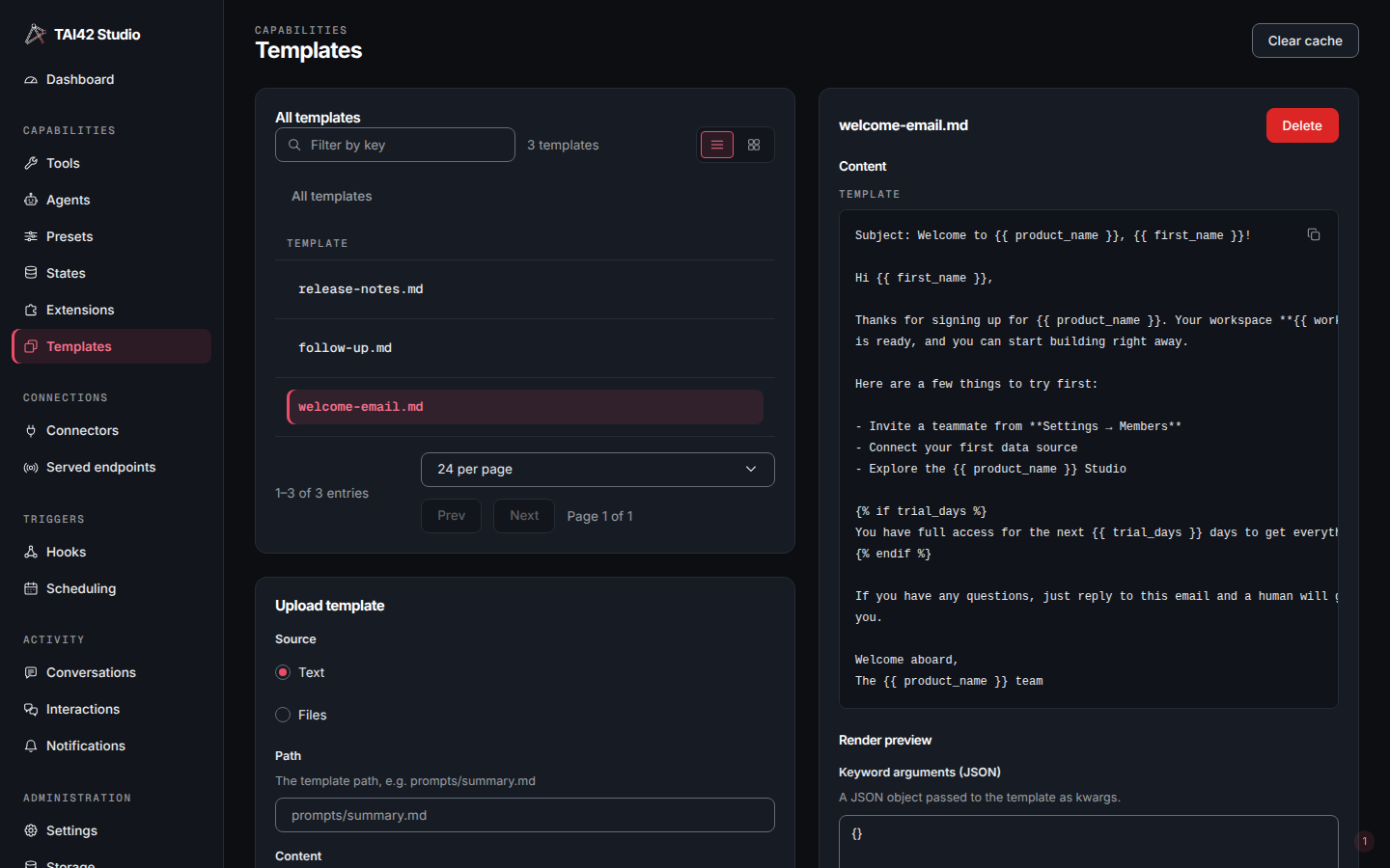 The Templates screen listing stored template resources.