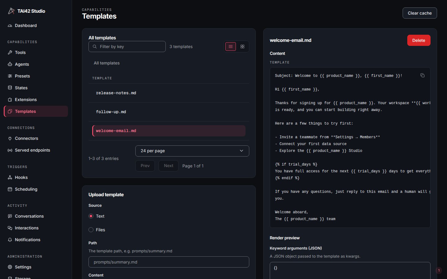 The Templates screen listing stored template resources.