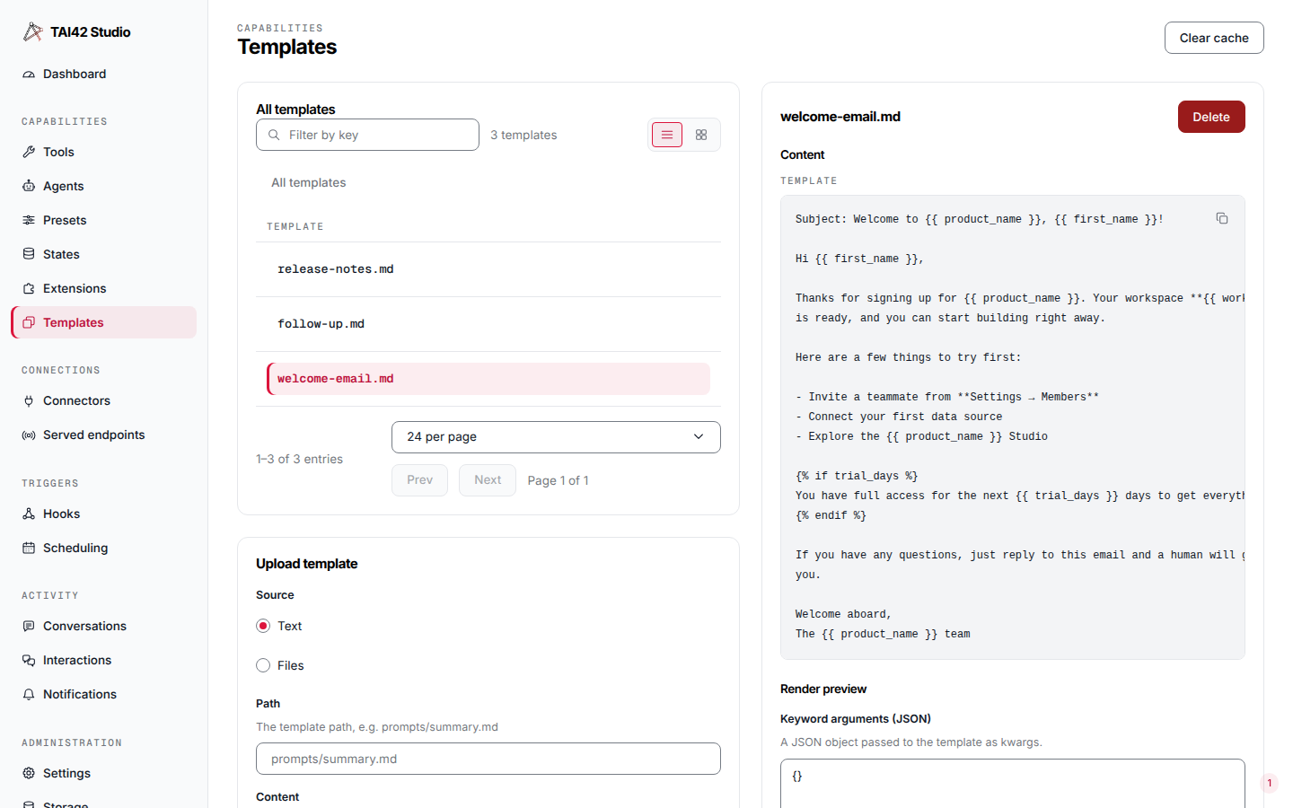 The Templates screen listing stored template resources.