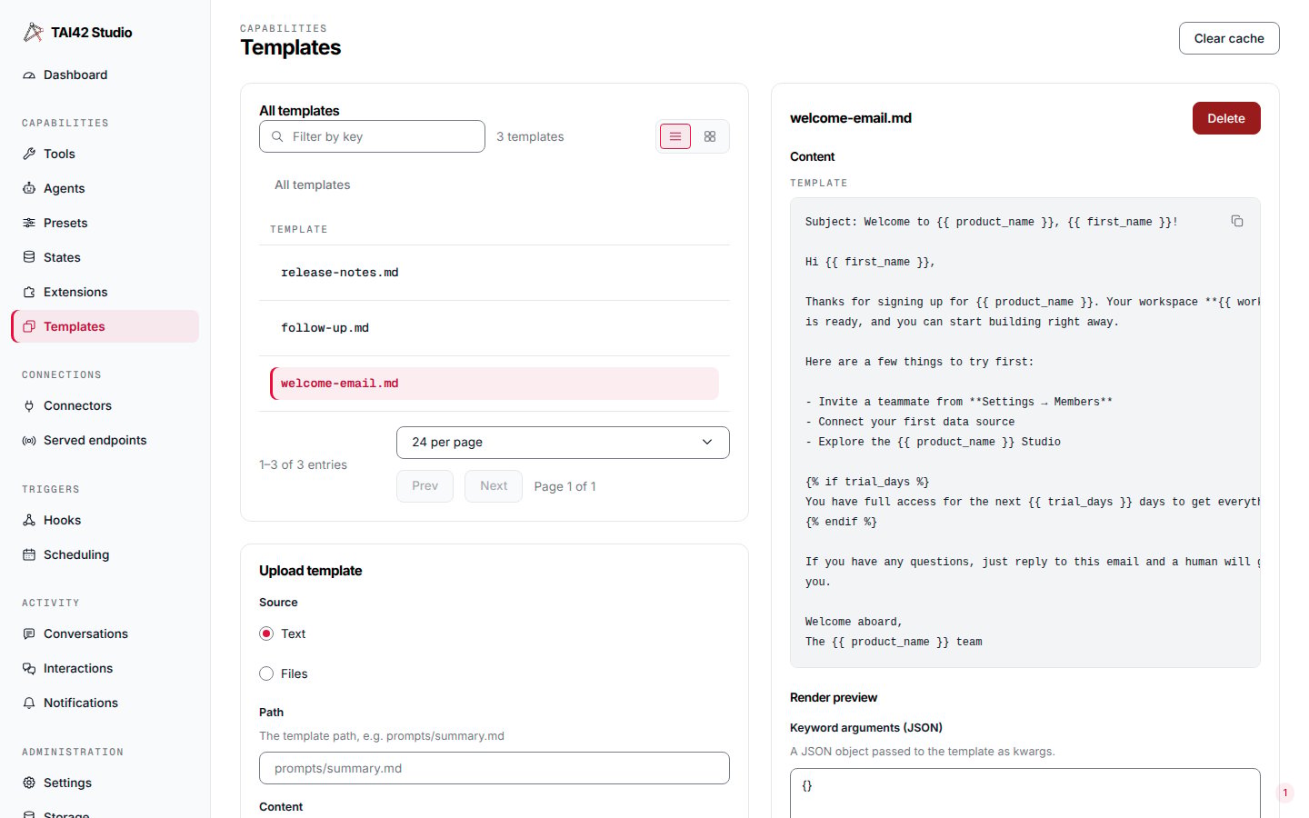 The Templates screen listing stored template resources.