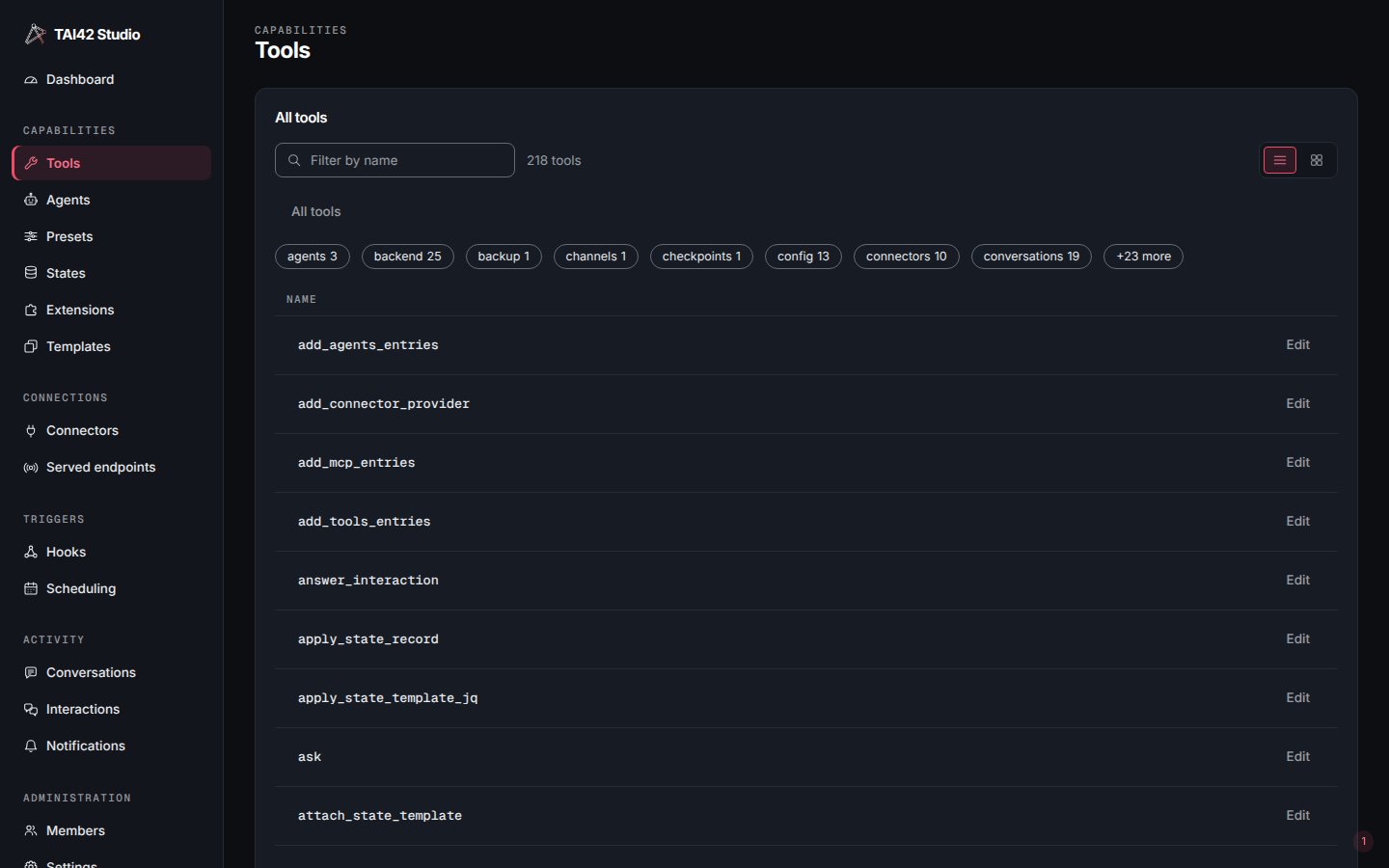 The Studio Tools screen listing the tools a server loaded.