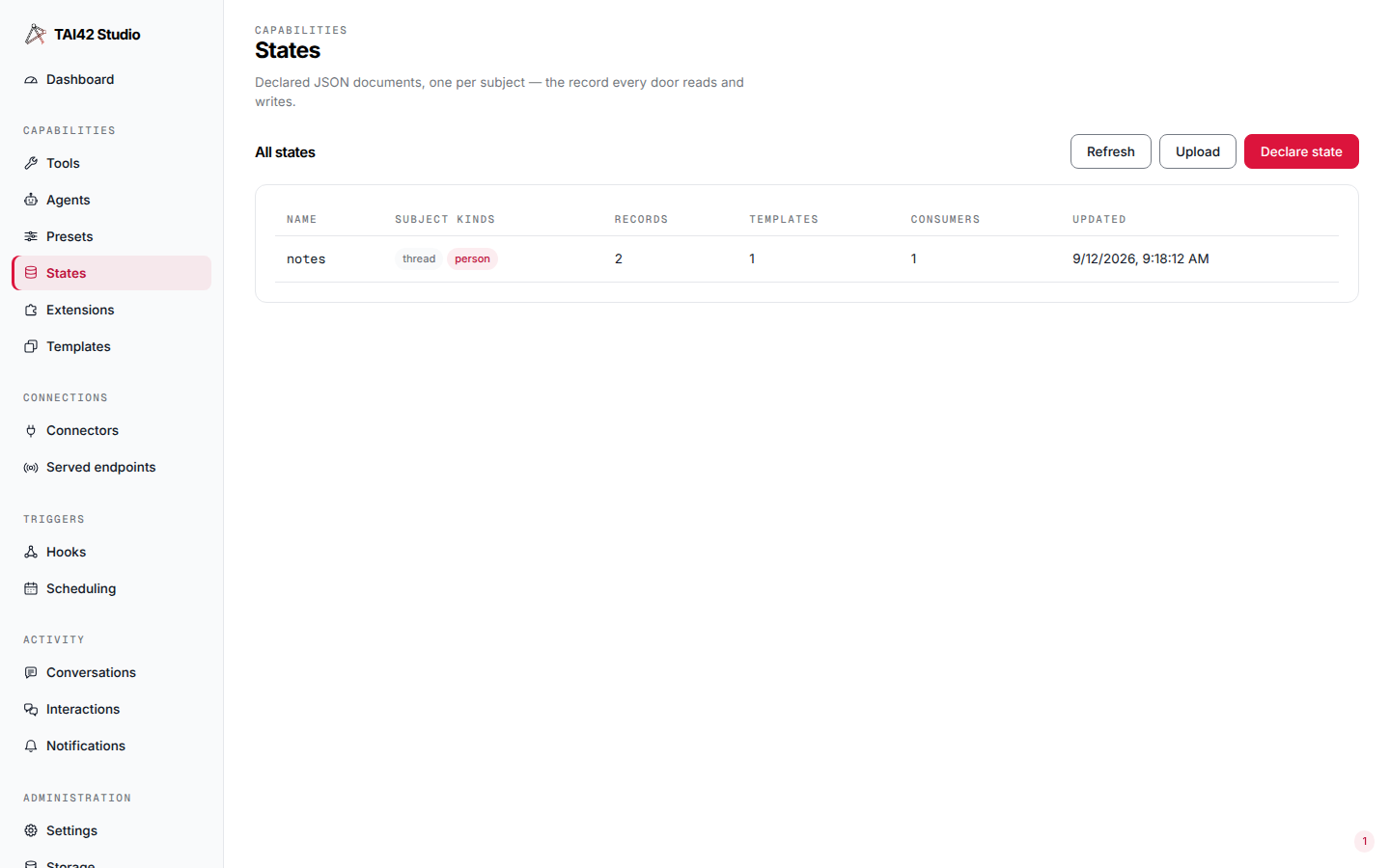 The States screen listing declared states with subject-kind badges and record and consumer counts.