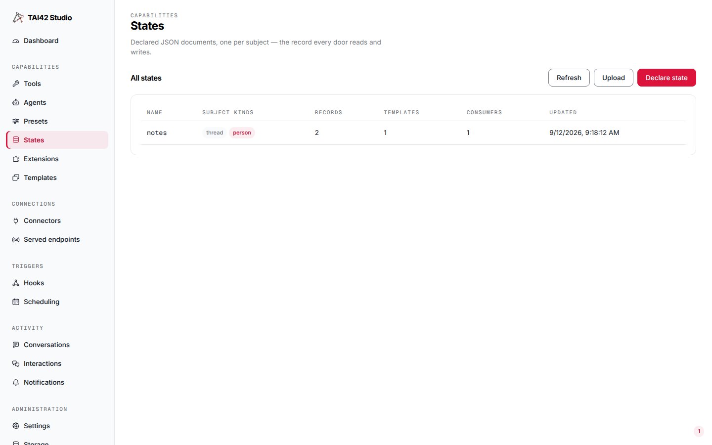 The States screen listing declared states with subject-kind badges and record and consumer counts.