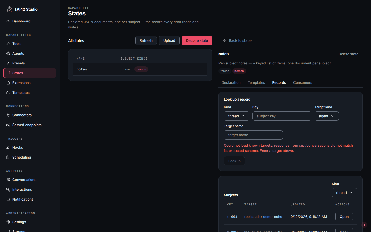 The Records tab with a subject lookup form above a list of the state's subjects.