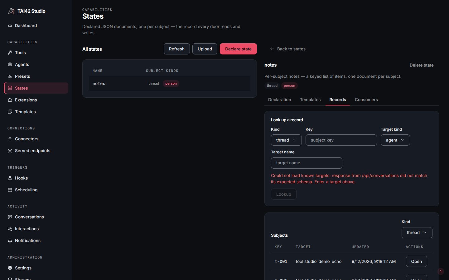 The Records tab with a subject lookup form above a list of the state's subjects.