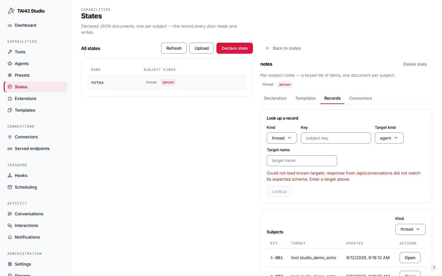 The Records tab with a subject lookup form above a list of the state's subjects.
