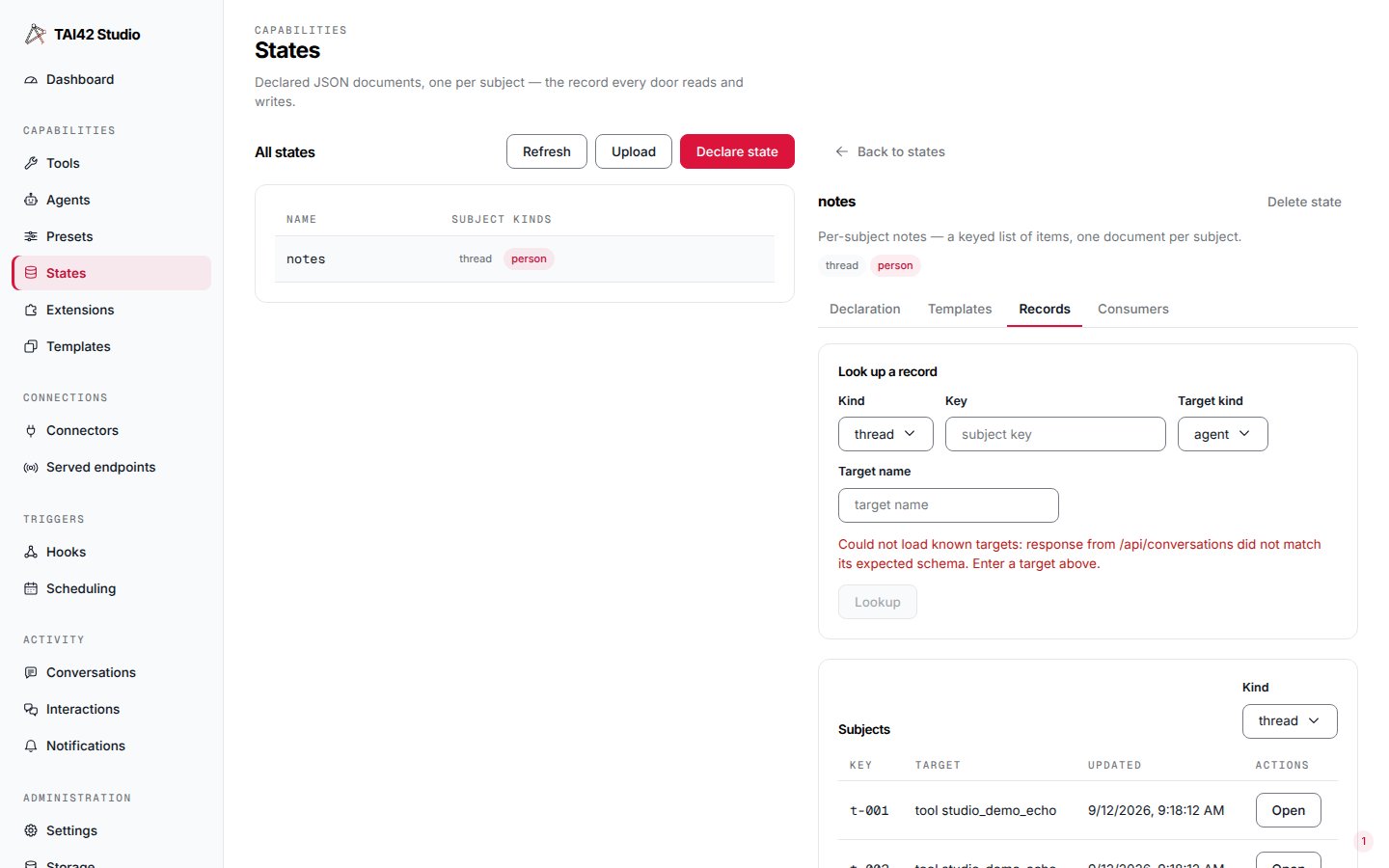 The Records tab with a subject lookup form above a list of the state's subjects.