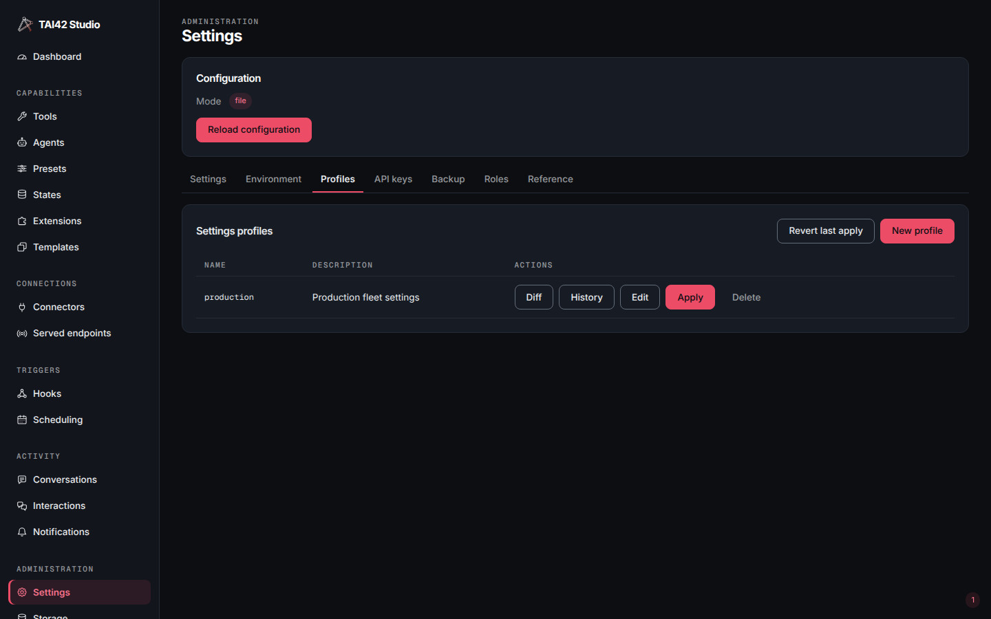 The Studio Profiles tab showing a saved settings profile whose secret-marked key is masked.