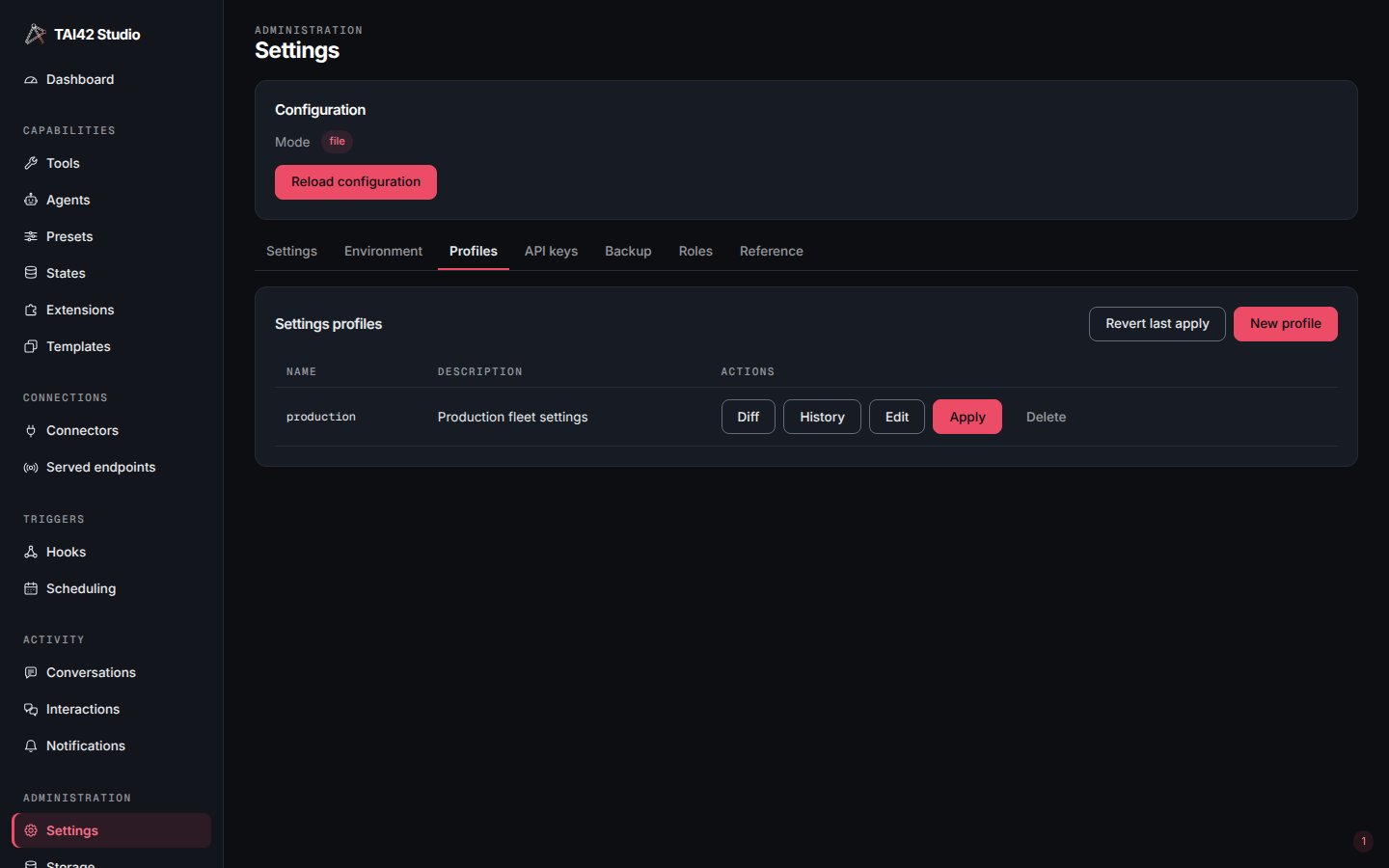 The Studio Profiles tab showing a saved settings profile whose secret-marked key is masked.