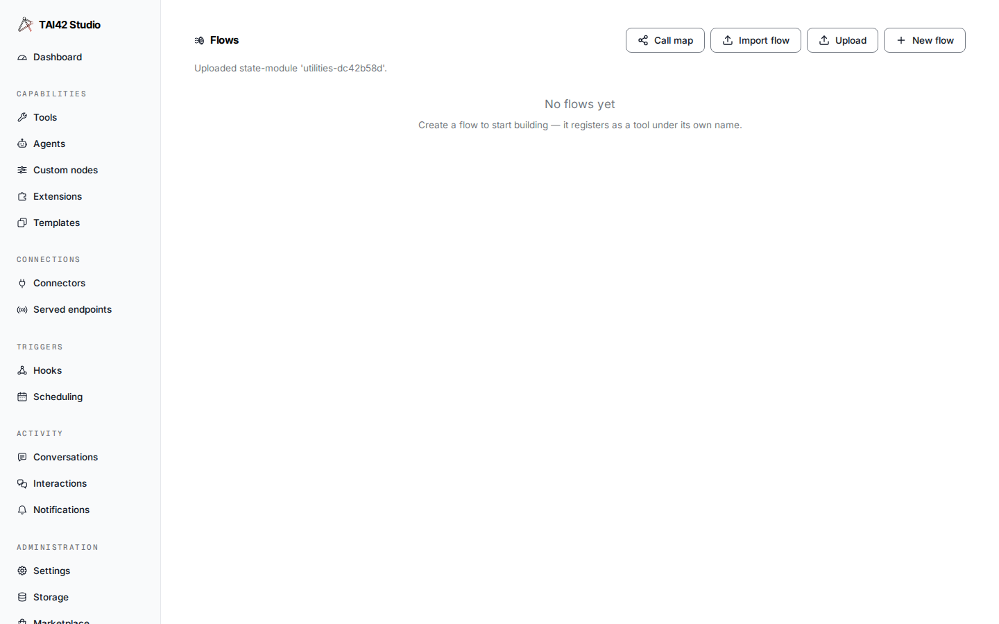 The flows toolbar Upload action reporting the uploaded document's kind and name.