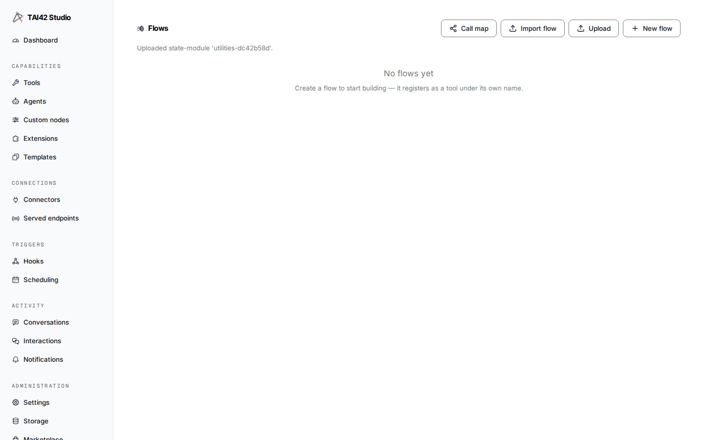 The flows toolbar Upload action reporting the uploaded document's kind and name.