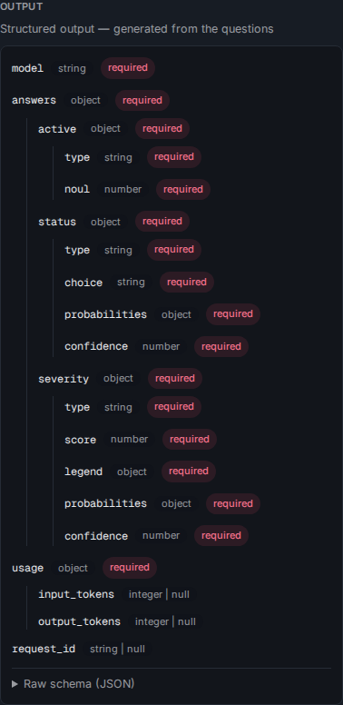 The Classifier card's Output tab showing the generated answer schema.