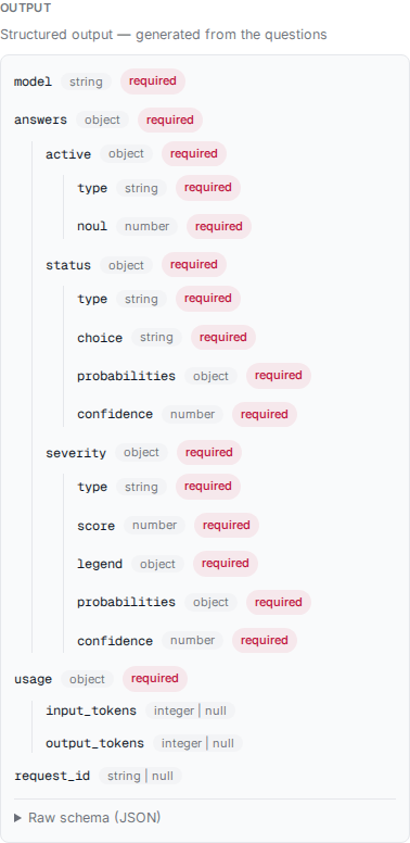 The Classifier card's Output tab showing the generated answer schema.