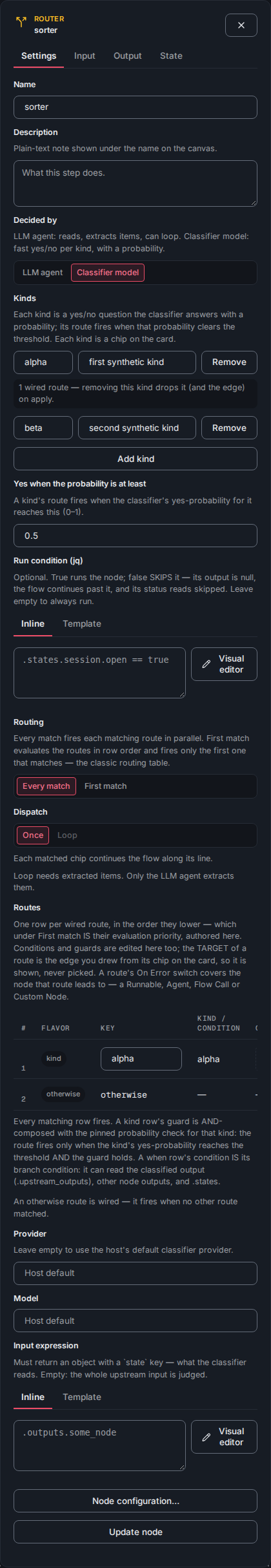 The Router Settings form with the Decided by control set to Classifier model, the yes-probability threshold, and the classifier Model section.