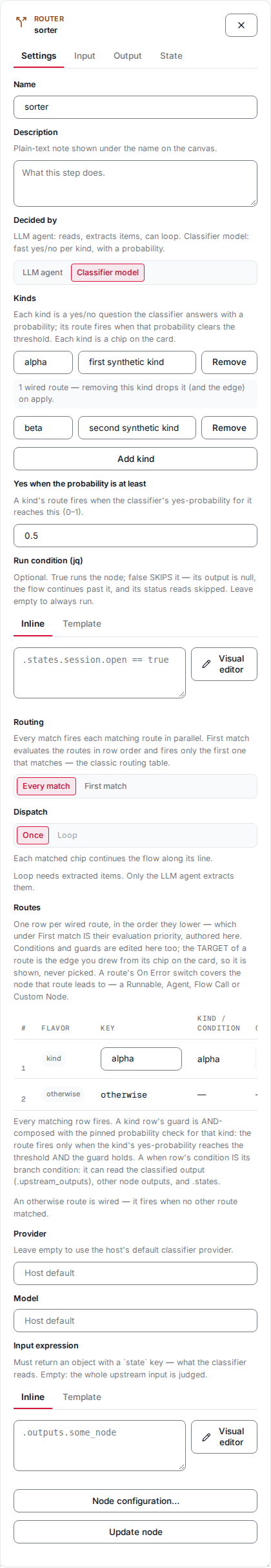 The Router Settings form with the Decided by control set to Classifier model, the yes-probability threshold, and the classifier Model section.
