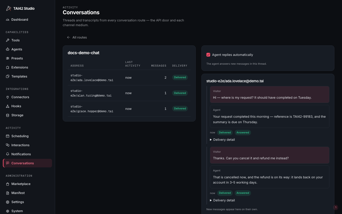 The Conversations screen with a route's thread list beside a selected thread's transcript.