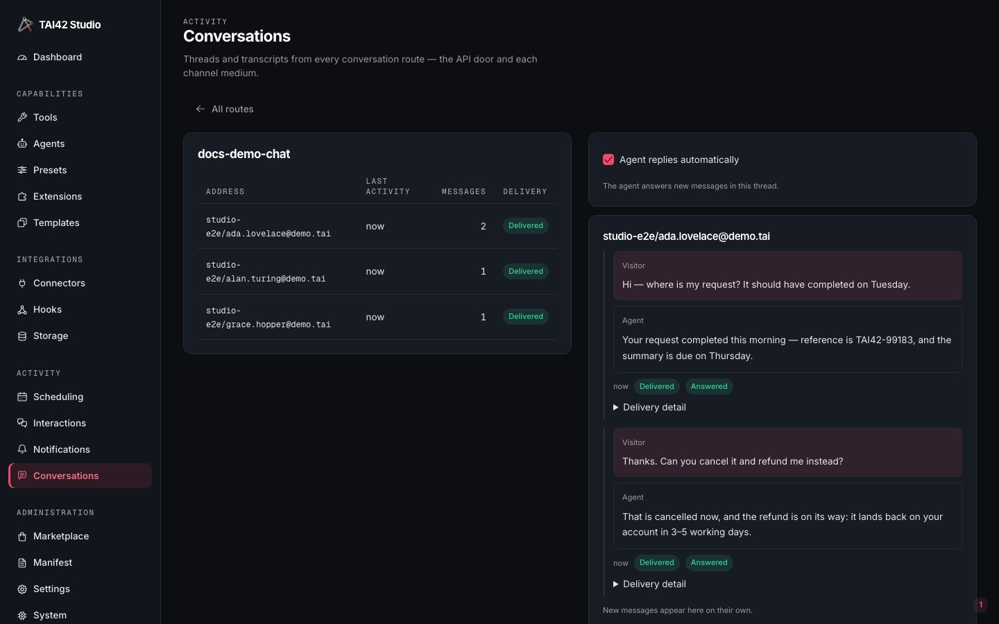The Conversations screen with a route's thread list beside a selected thread's transcript.