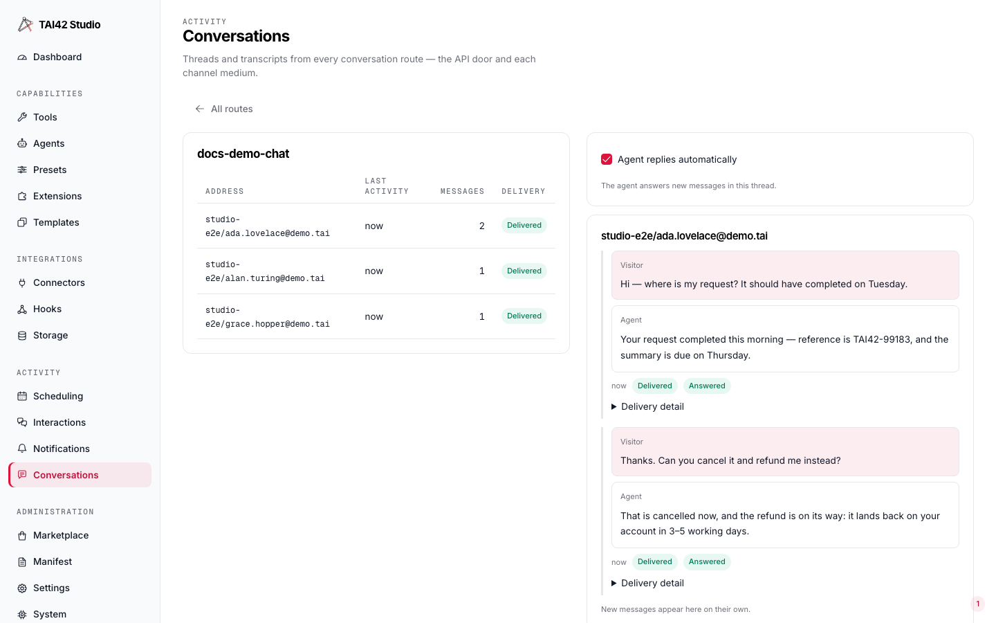 The Conversations screen with a route's thread list beside a selected thread's transcript.